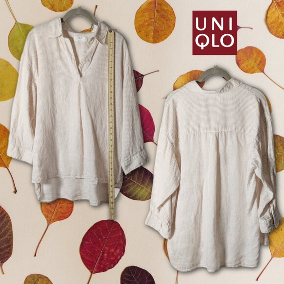 UNIQLO XL 100% Linen Relaxed & Slouchy Long Sleeve Top w Subtle Vertical Stripe - Picture 1 of 7